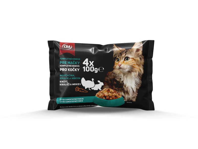 Kompletné krmivo pre mačky (morčacina, králik, mrkva) CBA 4x100g